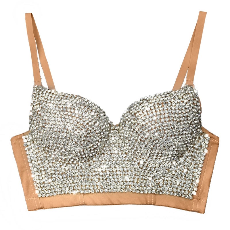 ELLACCI Women's Rhinestone Diamond Push up Bustier Crop Top Sexy Punk Corset Bra Khaki Large - Image 1